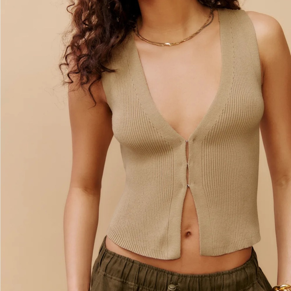 Reformation Tan Ribbed V-Neck Button Tank